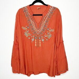Scully Womens 2XL Rust Orange Embroidered Tiered Bell Sleeve Boho Peasant Top
